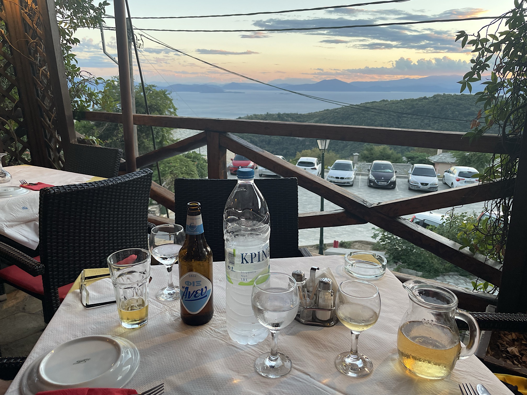 View from our favorite taverna in Milies
