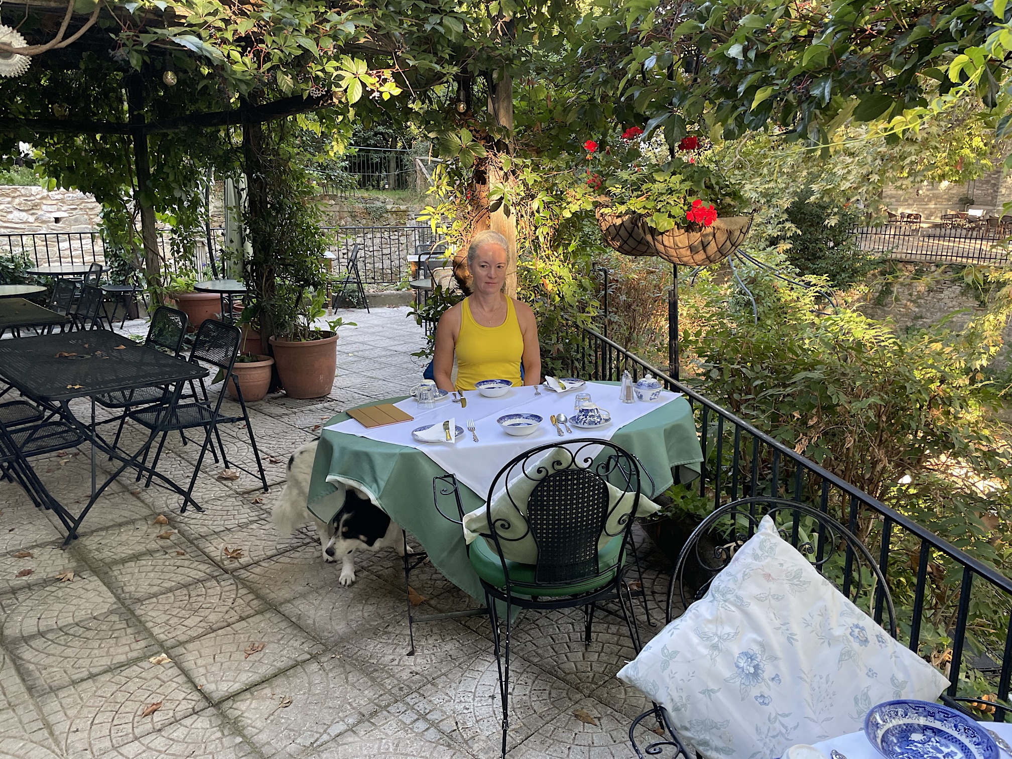Amy and dog at breakfast