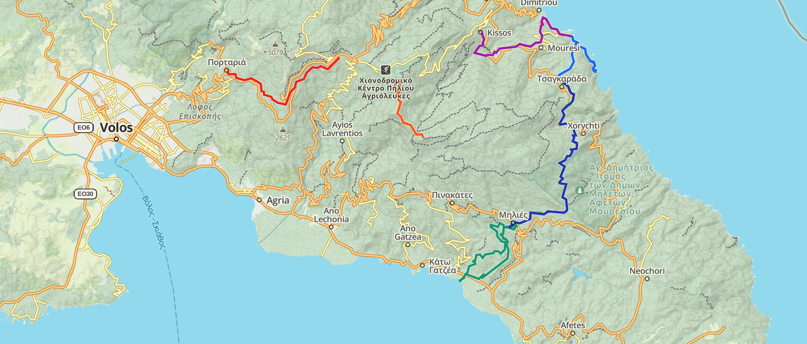 Detail of Pelion, showing our hikes