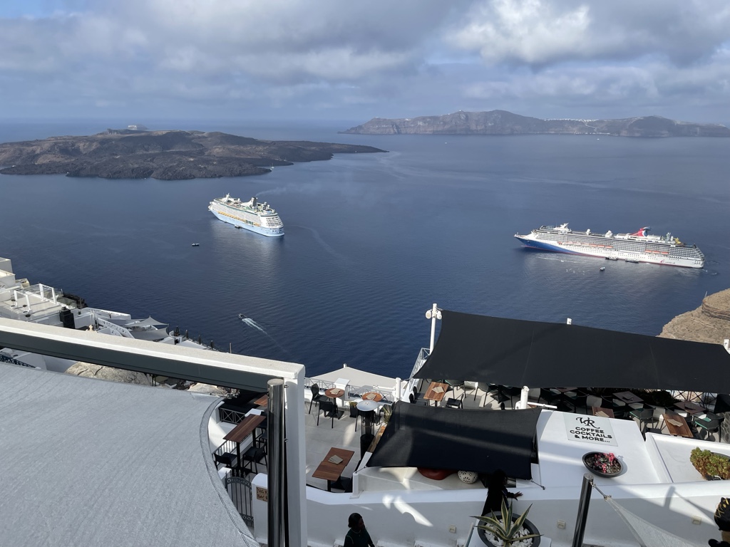 Santorini is all about the cruise ships, stopping for a day.