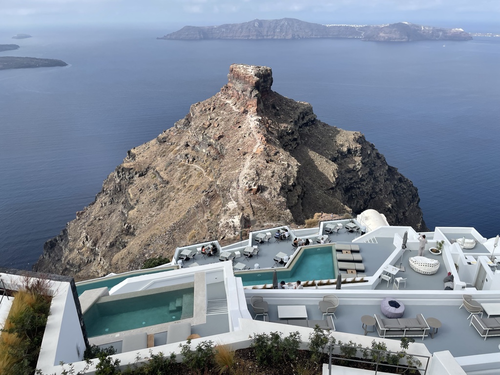 The famous Skaros Rock, and some swimming pools.