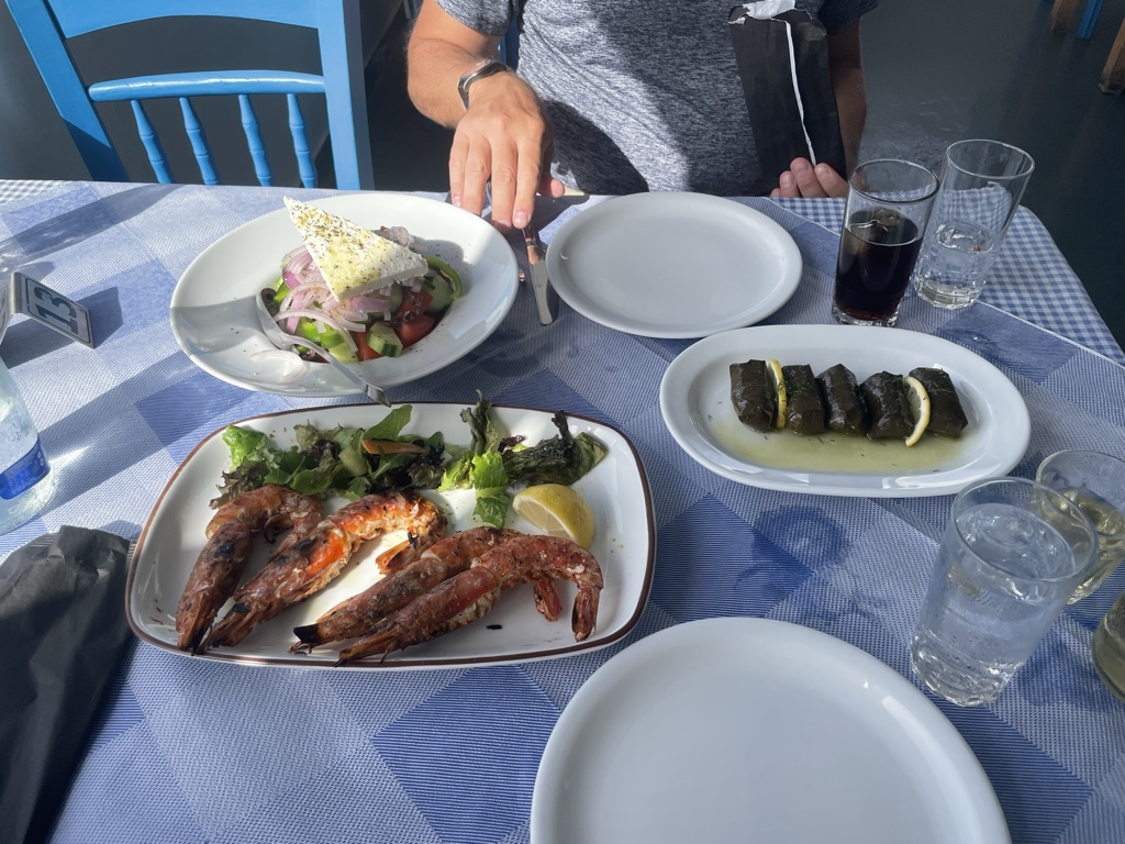 The shrimp and dolmades were delicious, even though I find it hard to believe that local fishing can provide anywhere near the seafood consumed on the island.