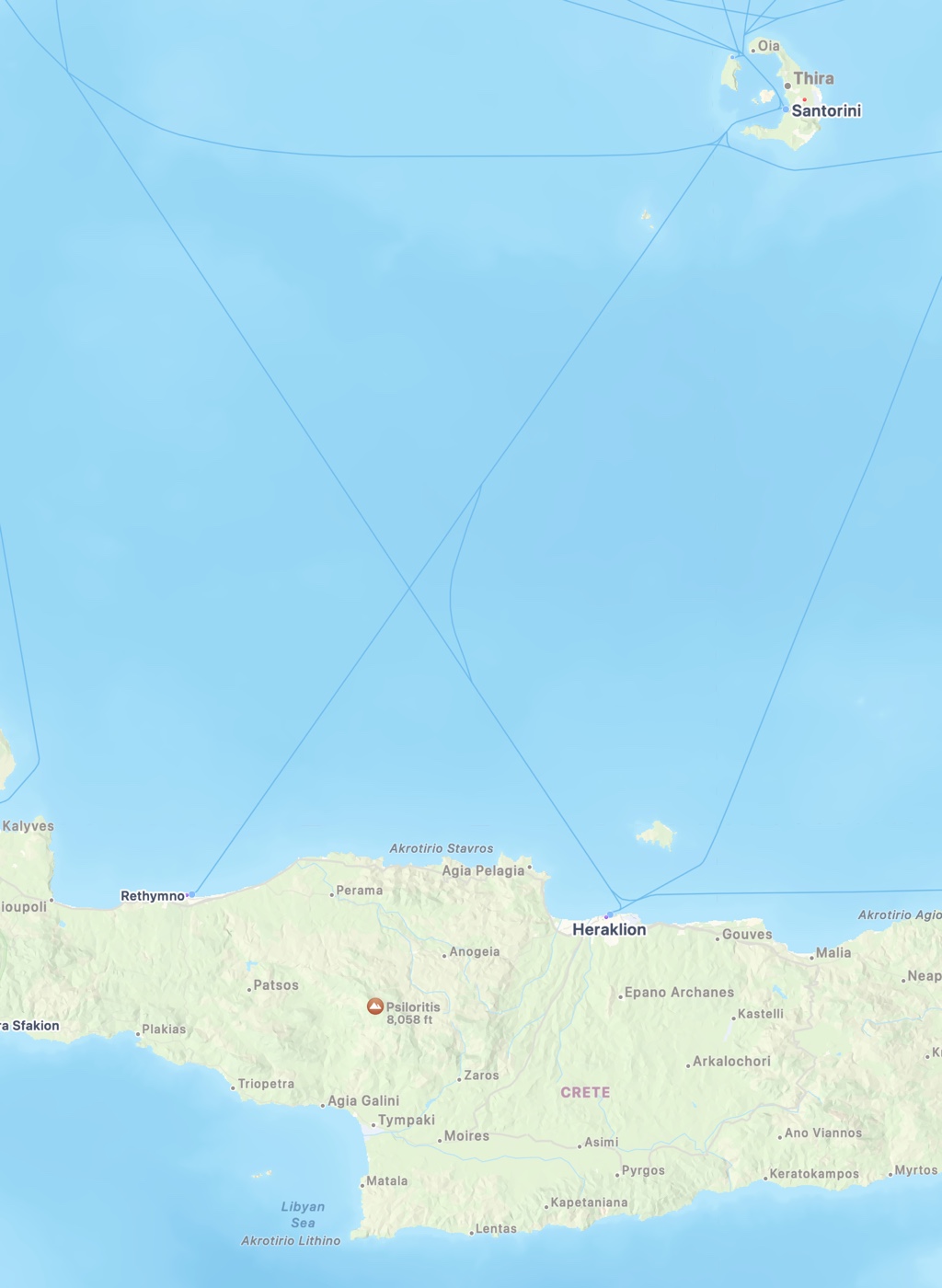 The ferry route is a straight shot south-southwest from Santorini to Crete.