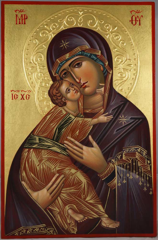 A modern icon naming Mary “ΜΡ ΤΥ”, the usual abbreviation for “Μήτηρ τοῦ Θεοῦ”