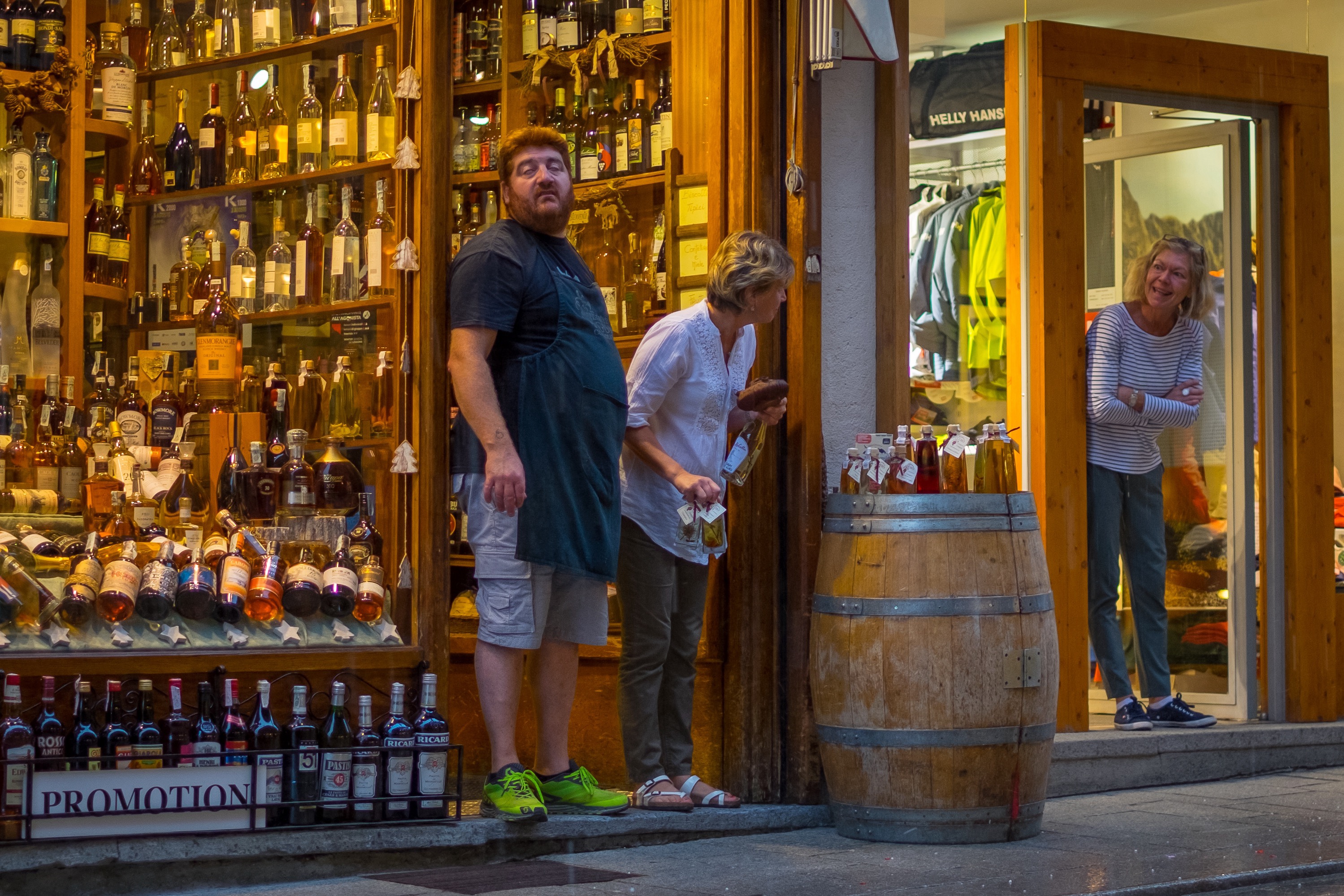 Courmayeur commerce: a little outdoor gear, a lot of booze.