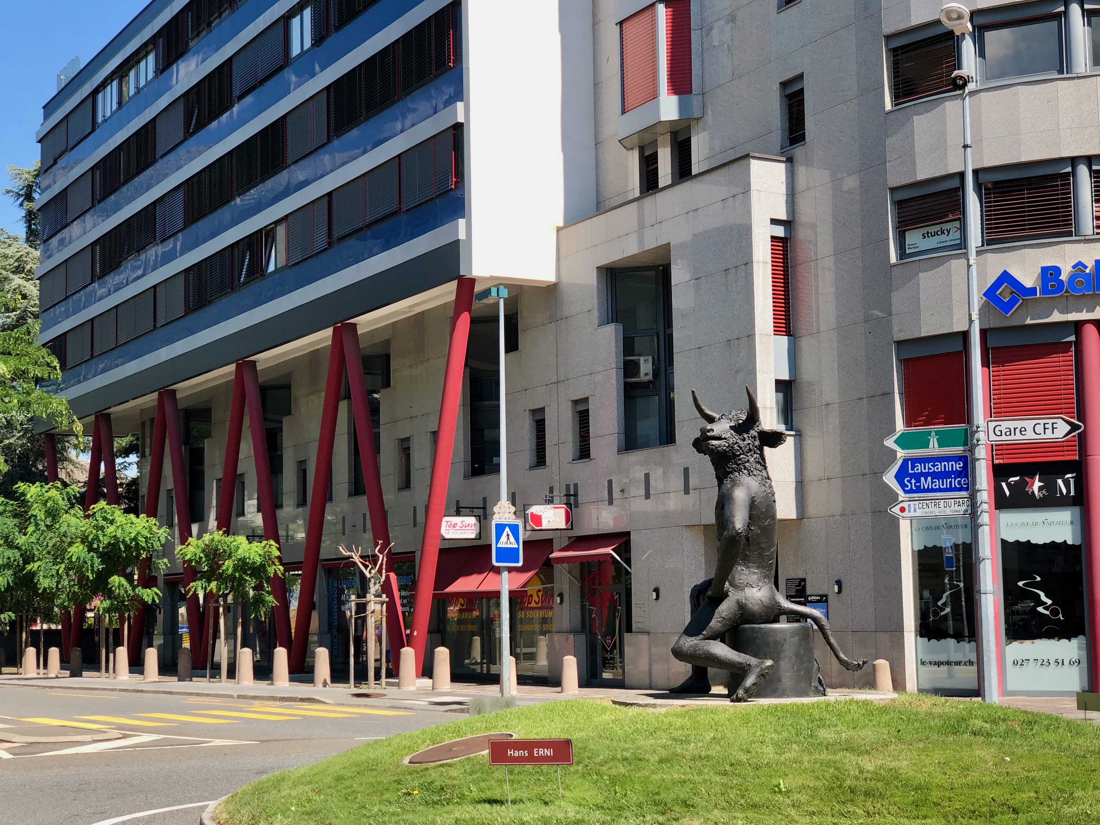 We said goodbye to the minotaur by the Martigny train station. He looks like he needs to pee.