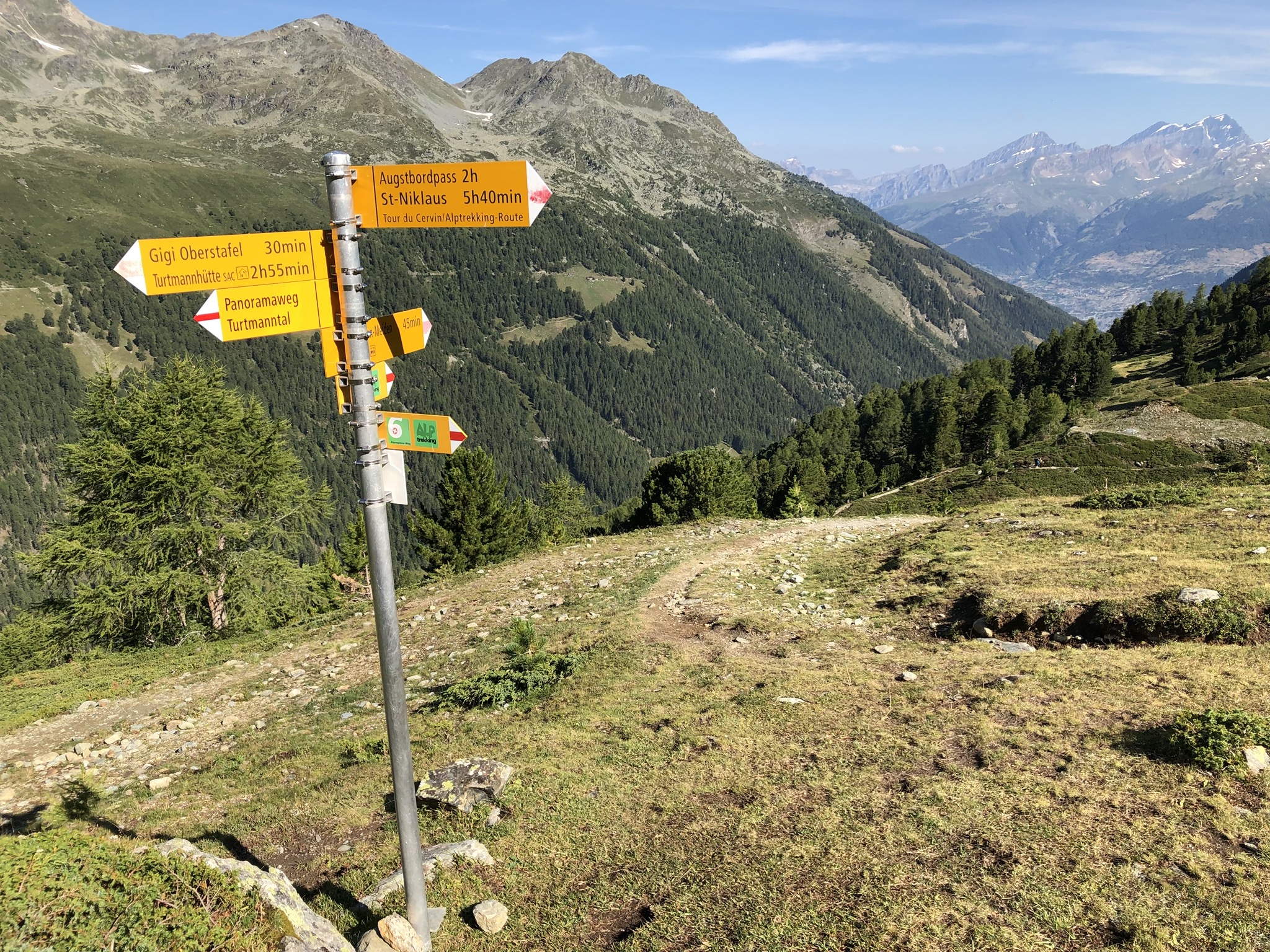 We encountered this sign a couple of hours into the walk. In our experience, these signs are actually optimistic – we always take longer than the posted times. Today, we had to reach St. Niklaus at the bottom of the valley and THEN make our way up the other side to Grâchen.
