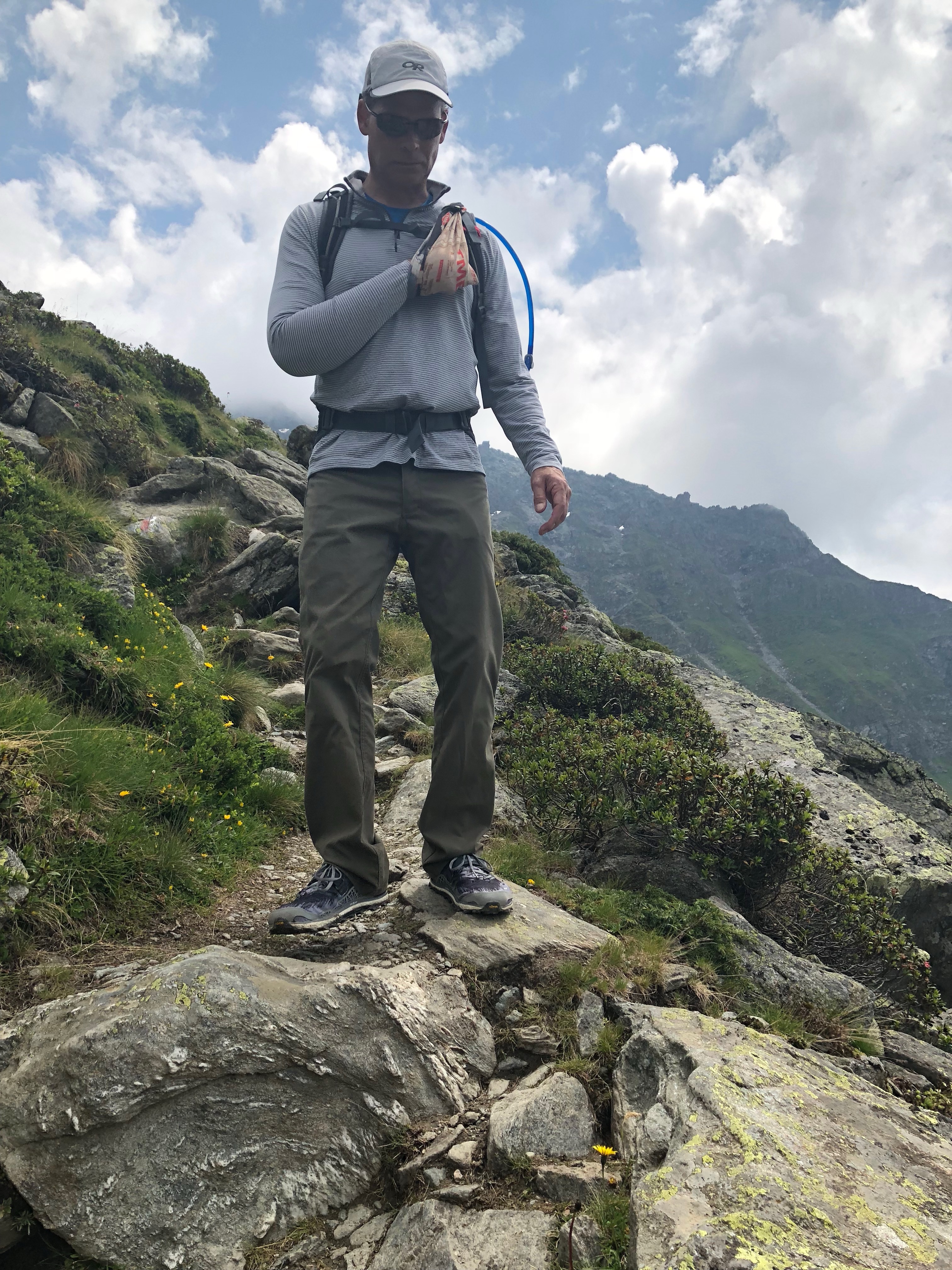 Chris did all this hiking with his arm in a makeshift sling; we should suggest that Buff add another application to the multiple uses of their product!