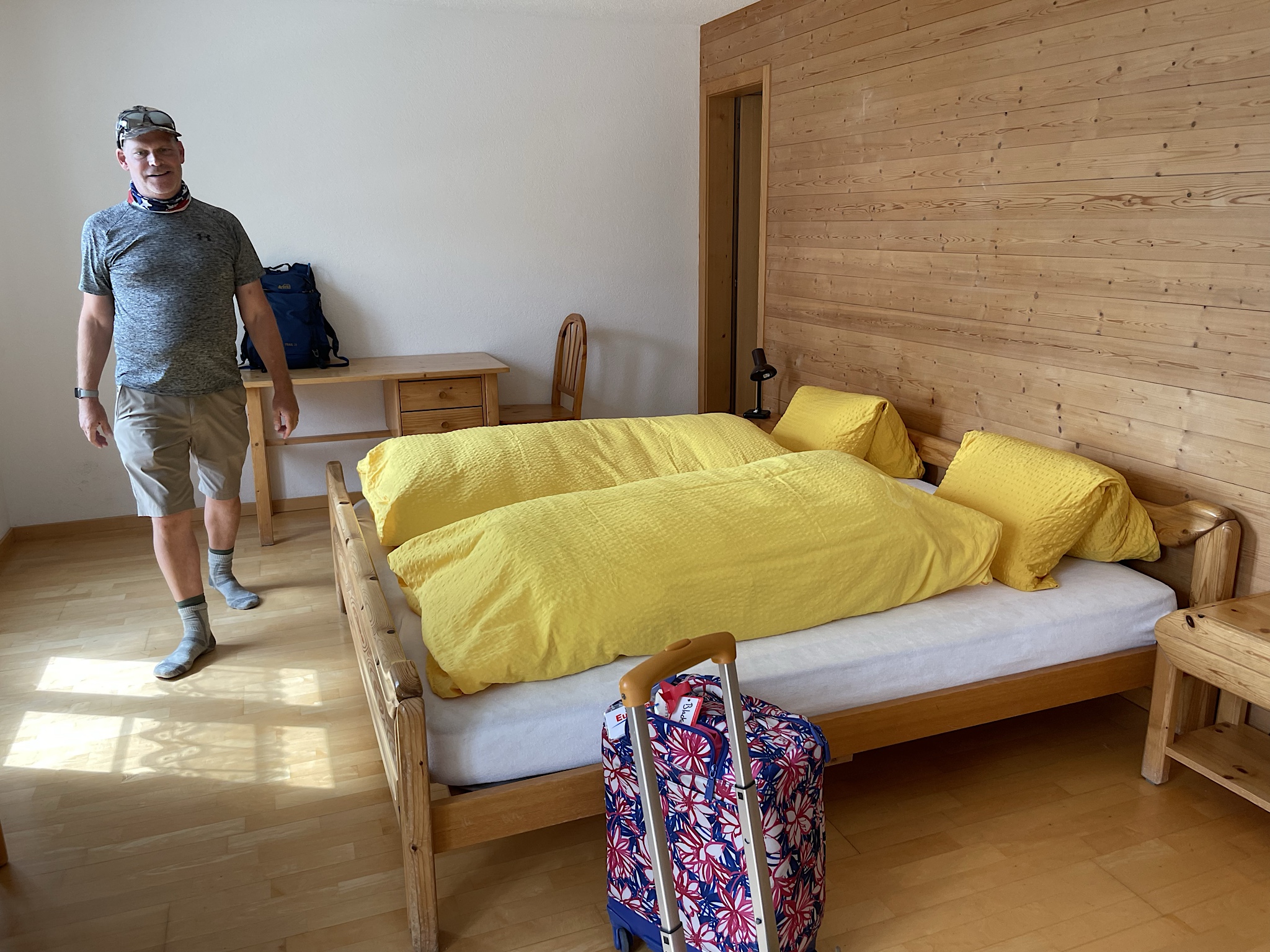 Our room. This is the customary bedding practice in Switzerland and Germany - a flat sheet and then just a single down duvet in a cover on top, no top sheet or other blankets.