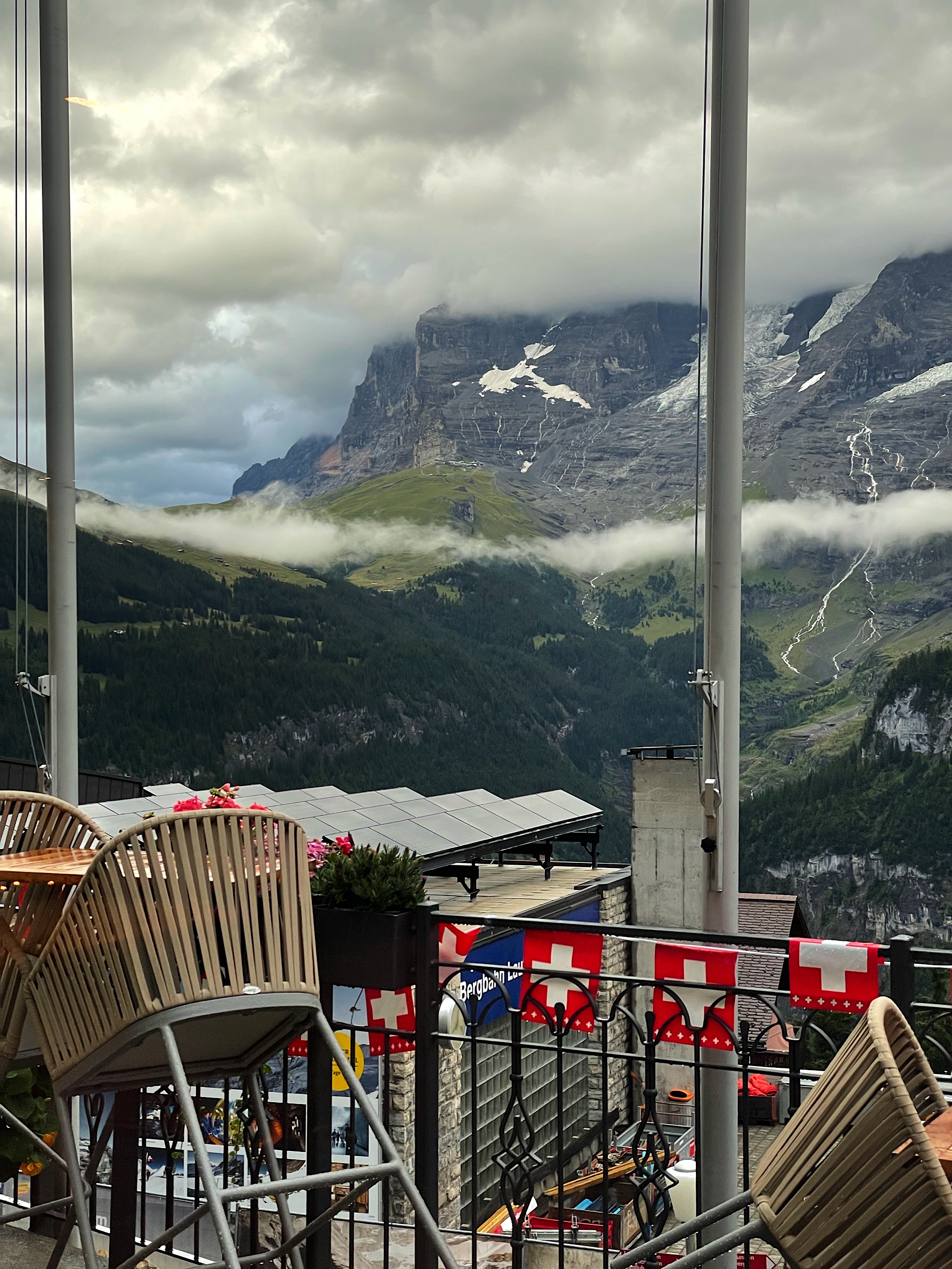 The terrace has a view of the Jungfrau.