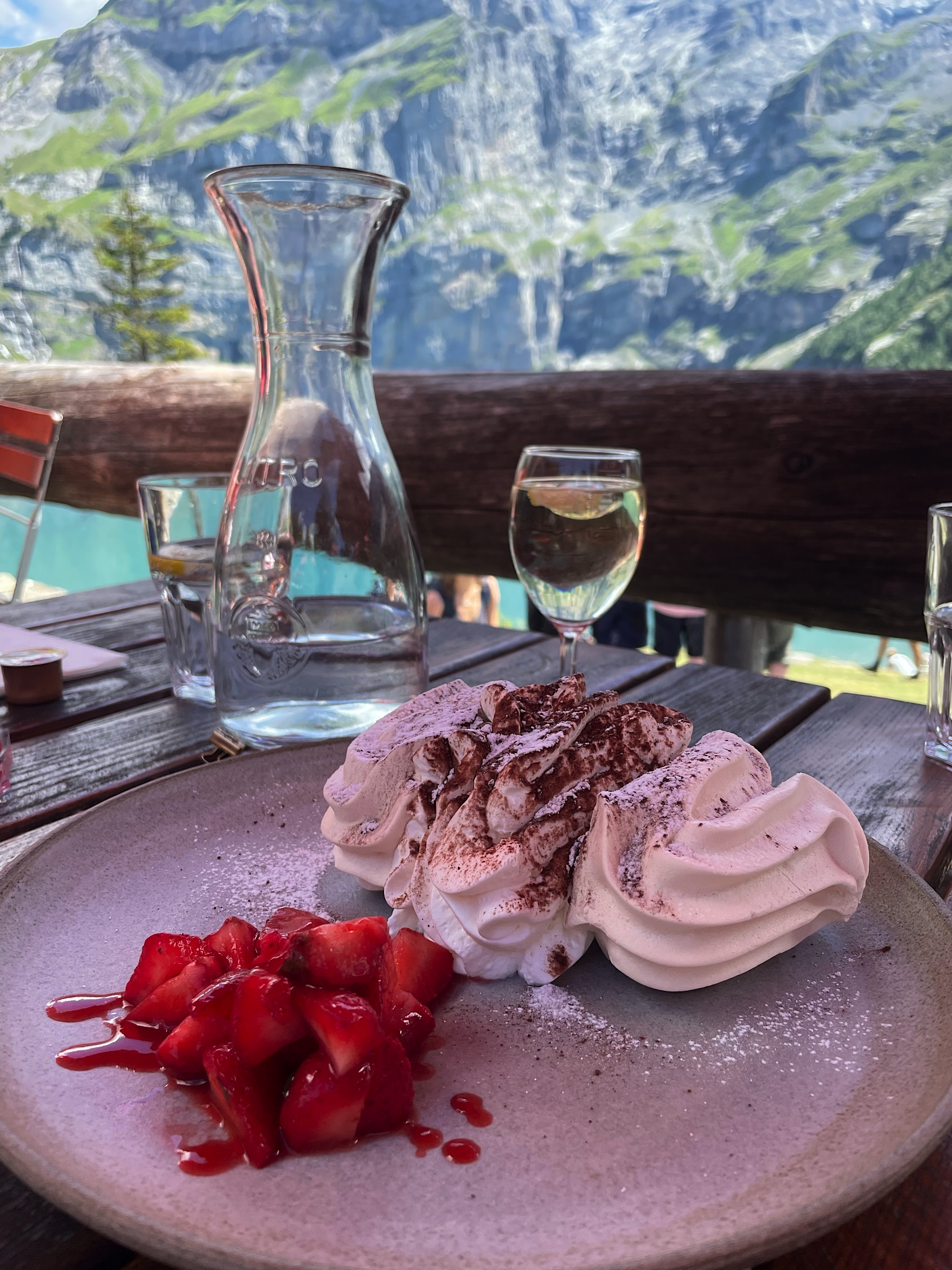 We had lunch on a terrace overlooking the Oeschinensee. They of course had the ever-present meringues with fresh local strawberries.