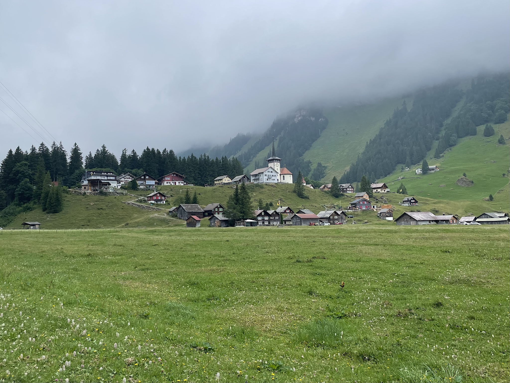 The town of Urner Boden lies in the flat valley.