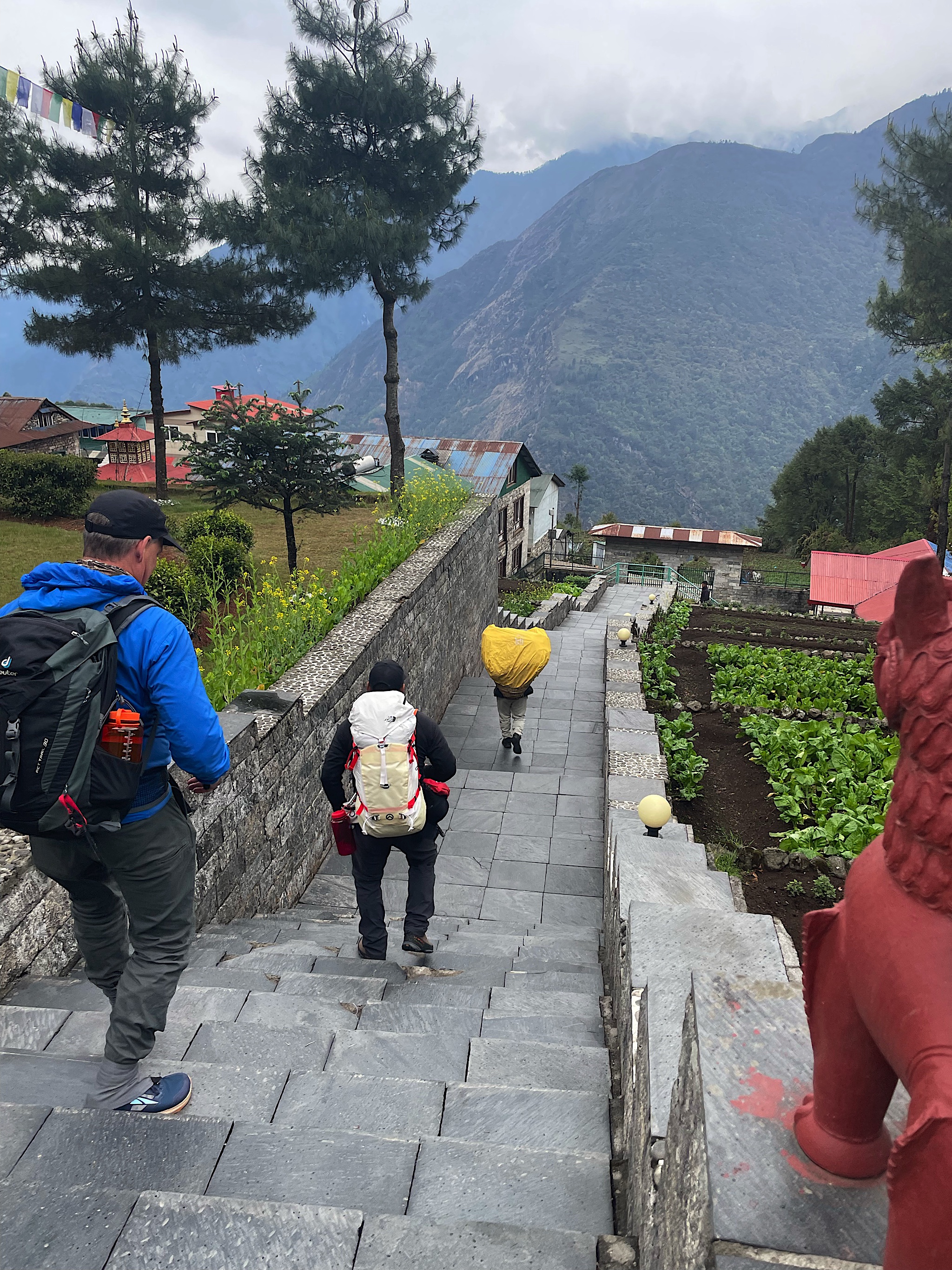 Walking back down the stairs from the Mountain Lodge in Lukla. Our porter Mila led the way, followed by Bala and then Chris. That was the last we saw of Mila that day.