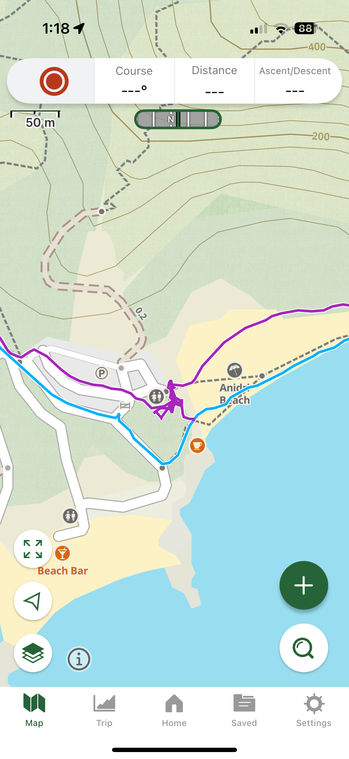 And here you see (in blue) the GPX track we got from TrekkingHellas, and what we actually walked (in purple)